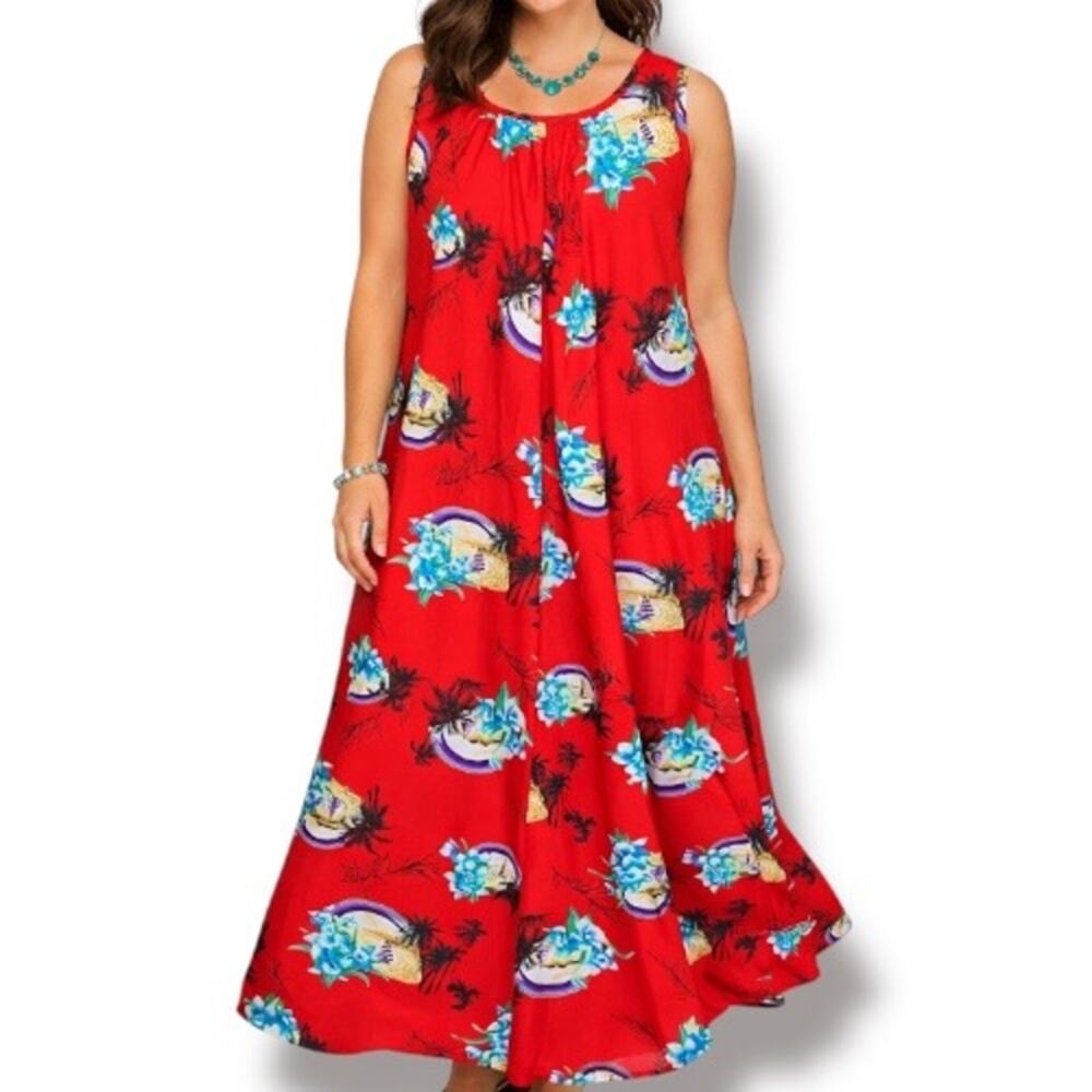 Vintage Red Hawaiian Tropical Floral Maxi Dress Island Print Sleeveless Medium
